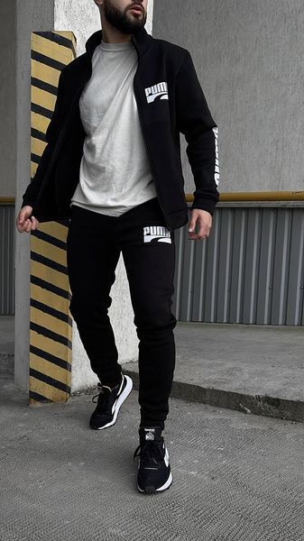 Чоловічий спортивний костюм Puma чорний демісезонний комплект норма класичний трикотажний набір світшот та штани 313 фото