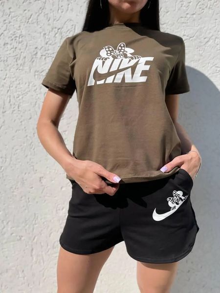 Жіночий літній комплект футболка та шорти двонитка хакі 287 фото