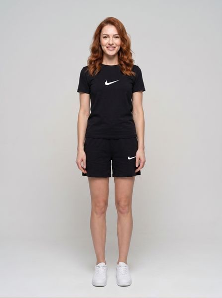 Жіночий літній комплект Nike чорна футболка стрейч-кулір та шорти двонитка 406 фото