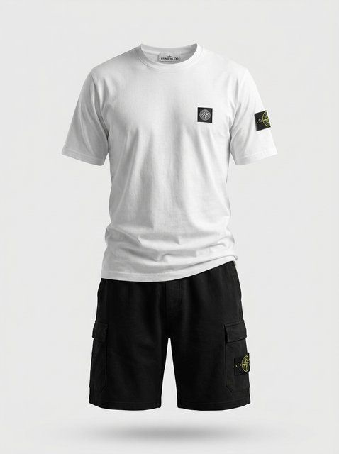 Чоловічий літній костюм Stone Island білий, футболка та шорти 410 фото
