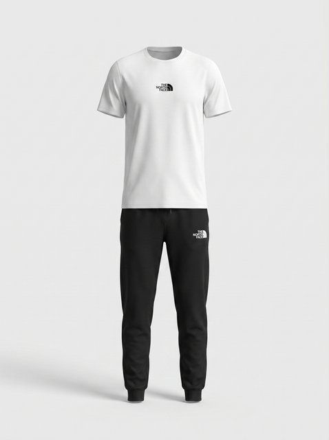 Чоловічий літній комплект The North Face білий з футболкою та чорними штанами двонитка 388 фото