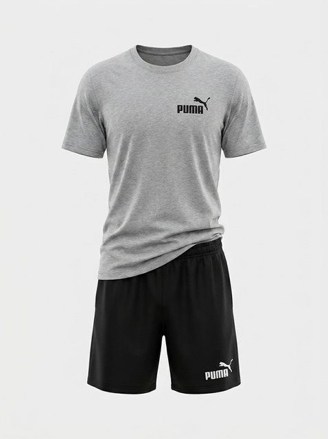 Чоловічий літній костюм Puma сірий, футболка та чорні шорти 396 фото