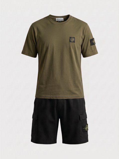 Чоловічий літній костюм Stone Island хакі, футболка та шорти 410 фото