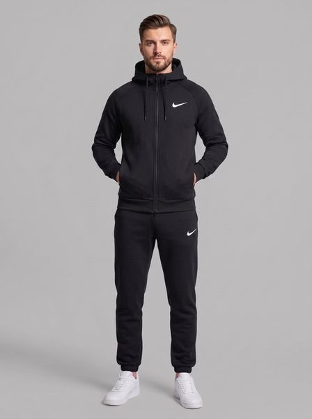 Теплий чоловічий спортивний костюм Nike чорний зимовий трикотажний комплект на флісі худі з капюшоном та штани 298 фото