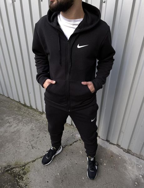 Теплий чоловічий спортивний костюм Nike чорний зимовий трикотажний комплект на флісі худі з капюшоном та штани 298 фото